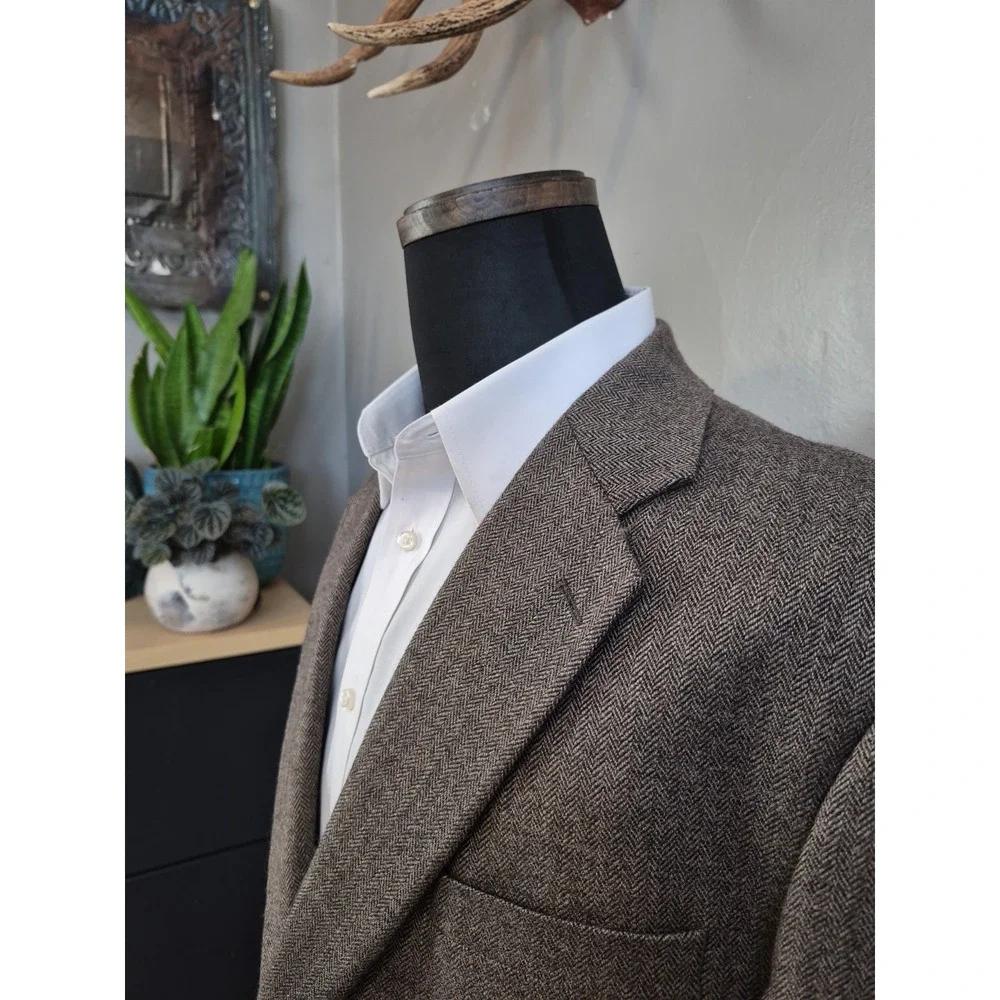 RBM Mens Wool Sports Coat 46R Taupe Herringbone 2 Button Blazer H703